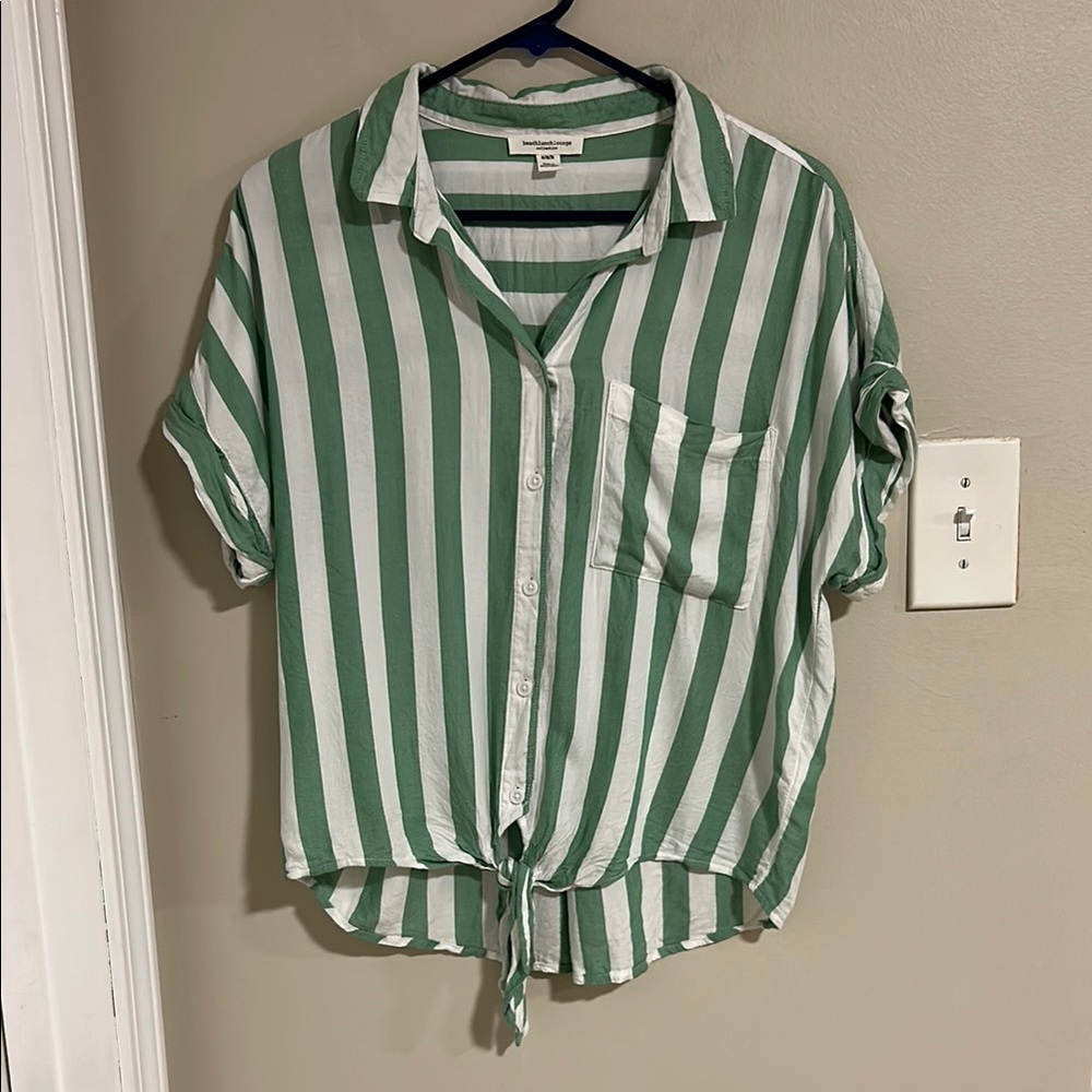 beachlunchlounge Green and White Striped Blouse